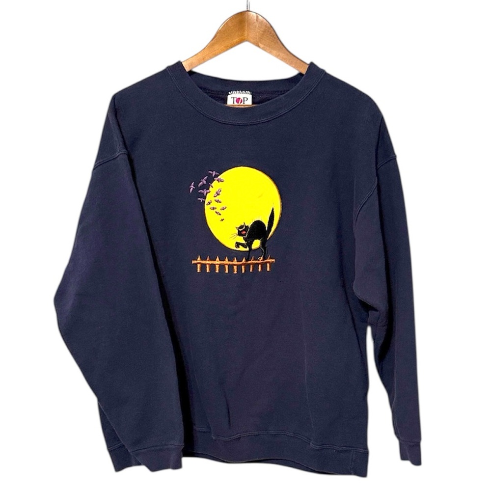 Vintage Halloween Embroidered Pullover Sweatshirt Dark Blue Black Cat Large